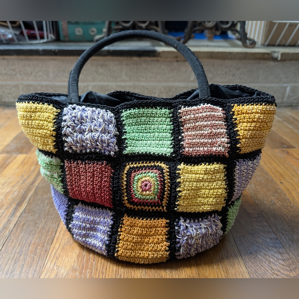 Vintage Mult-Colored Crochet Granny Square Tote Bag Snap Closure Carlo D' Santi